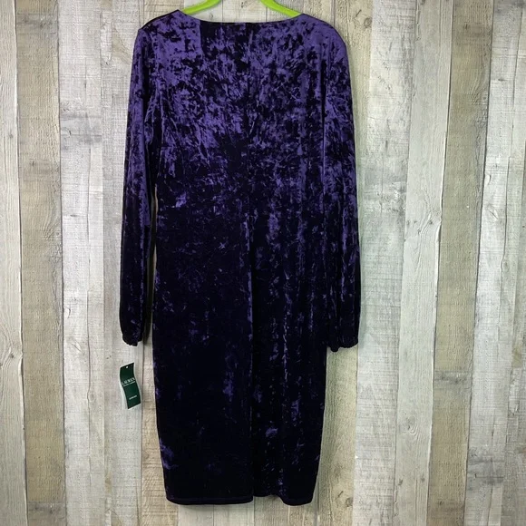 Lauren Ralph Lauren Size 12 Purple Velvet Sheath Surplice Faux Wrap Tie Dress - Picture 3 of 10